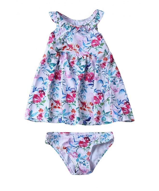 Summer Floral Pattern Ruffle Neckline Toddler Girls Swim Dress with ...