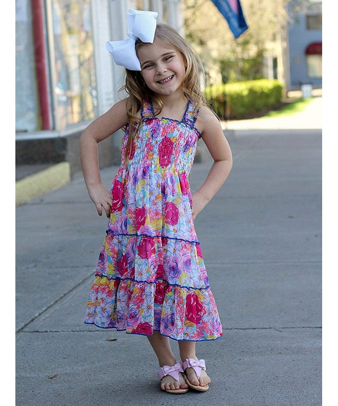 Toddler & Girls Floral Print Chiffon Shoulder Strap Ruffled Midi-Dress ...