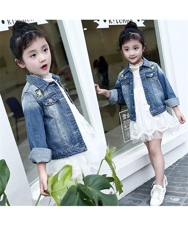 Kids Girls Floral Embroidered Denim Jacket Casual Button Down Windproof ...