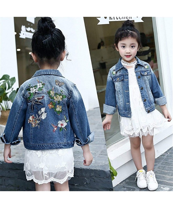 Kids Girls Floral Embroidered Denim Jacket Casual Button Down Windproof ...