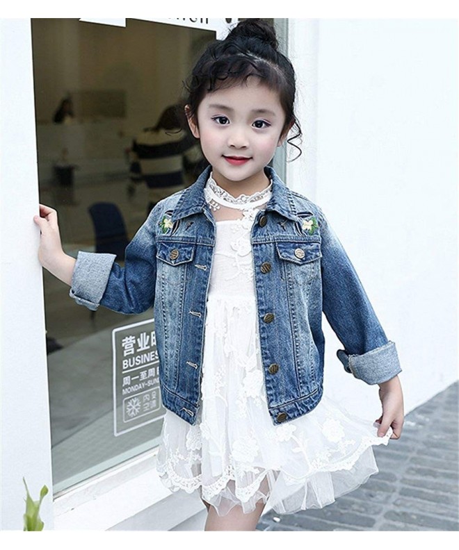 Kids Girls Floral Embroidered Denim Jacket Casual Button Down Windproof ...