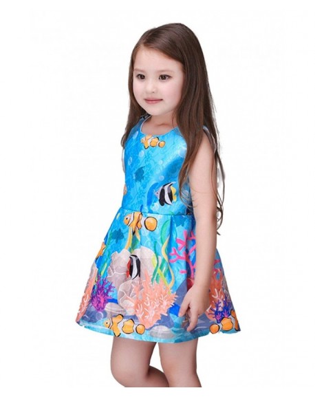 Little Girls Sleeveless Blue Sea World Print Princess Dress - CW12IR0UU6F