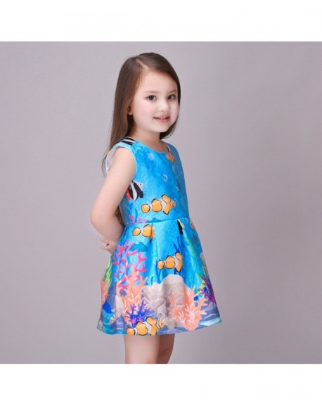 Little Girls Sleeveless Blue Sea World Print Princess Dress - CW12IR0UU6F