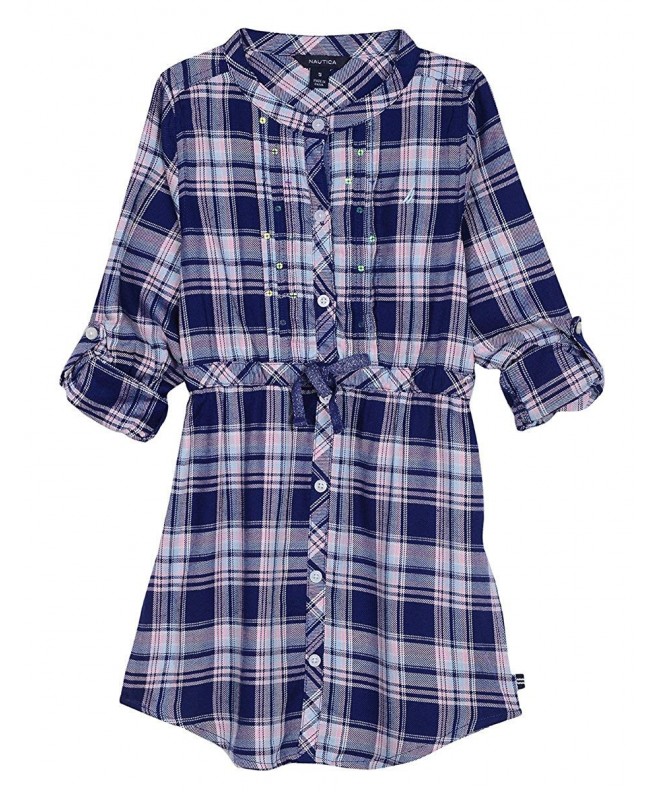 Girls' Little Rayon Plaid Shirtdress - Medium Navy - CY182II50GK