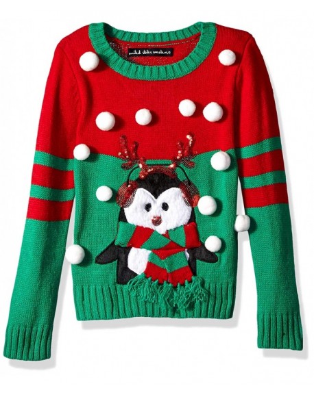 Girls' Long Sleeve Crew Neck Christmas Penguin with Antlers Sweater ...