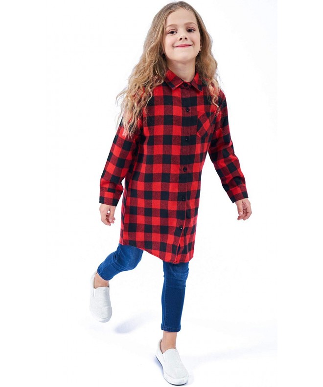 Girls' Flannel Plaid Long Shirt - Red Black - CE18L428ZCG