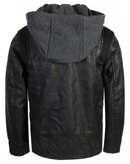 Boys Faux Leather Jacket with Fleece Hoodie - Black W/Grey Hood ...