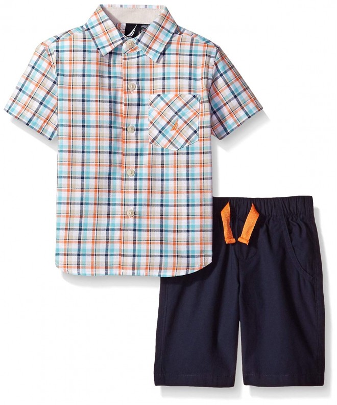 Little Boys' Two Piece Short Sleeve Plaid Shirt with Pull On Shorts ...