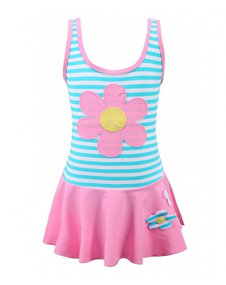 Girls Stripe Swimwear One-Piece Swimsuit with Flowers Applique - Pink ...