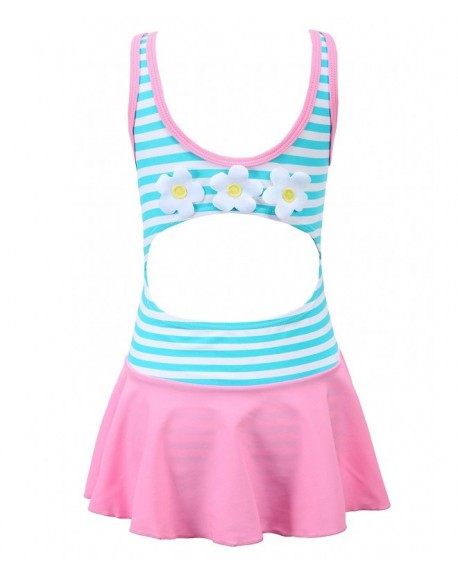 Girls Stripe Swimwear One-Piece Swimsuit with Flowers Applique - Pink ...