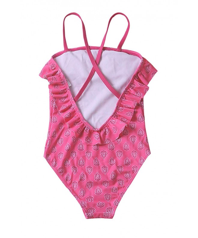 Girls Pink Leaf Print One Piece Swimsuits Ruffle Bathing Suit Beachwear ...