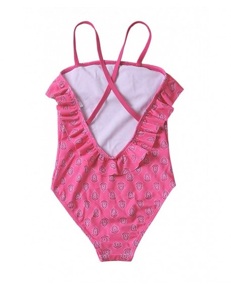 Girls Pink Leaf Print One Piece Swimsuits Ruffle Bathing Suit Beachwear ...